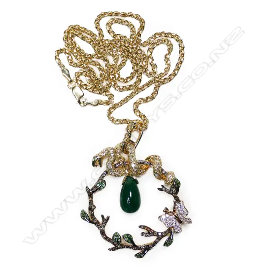 An impressive 18ct yellow gold diamond, emerald and green garnet fancy pendant necklace,