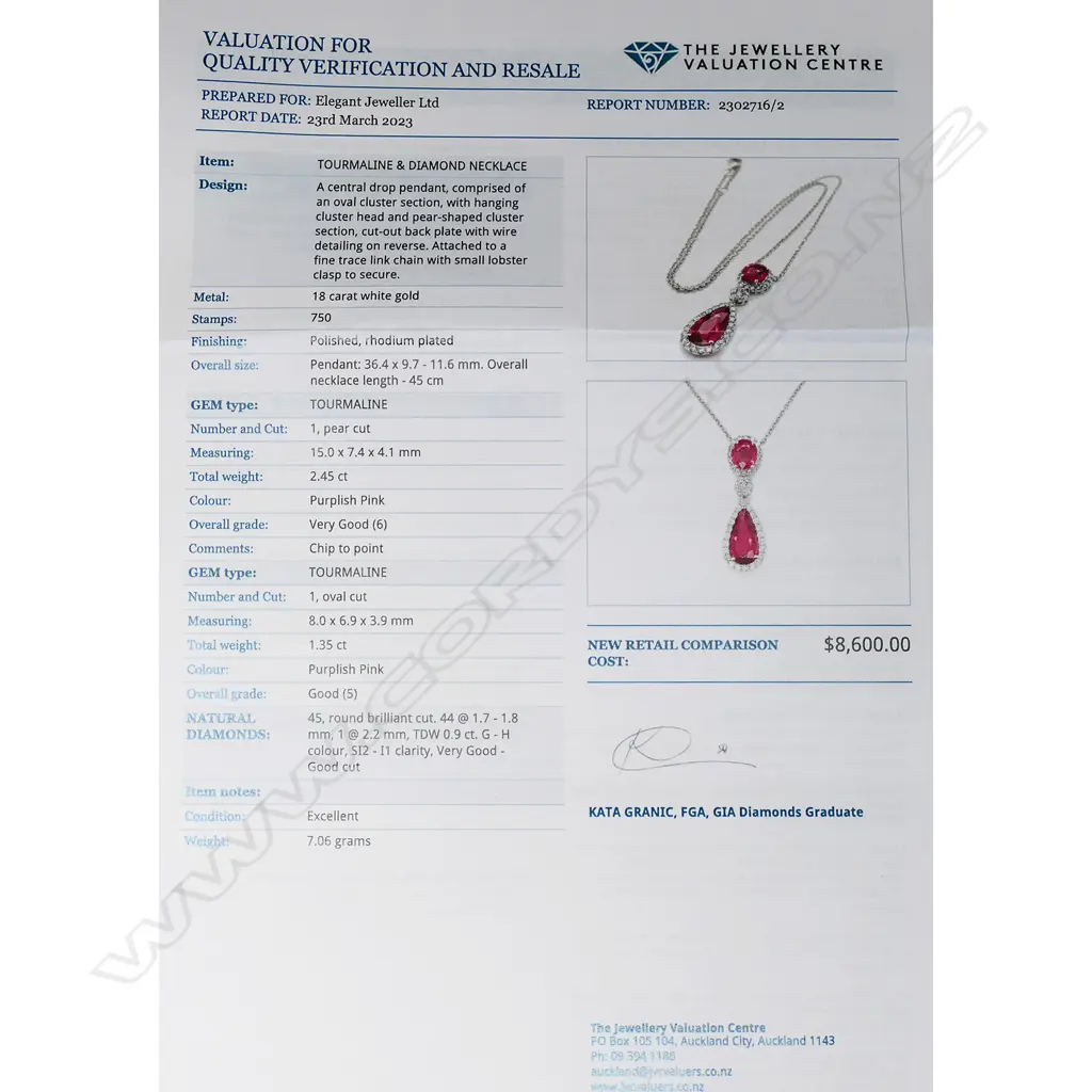 An 18ct white gold diamond and pink tourmaline pendant necklace, Image 1++