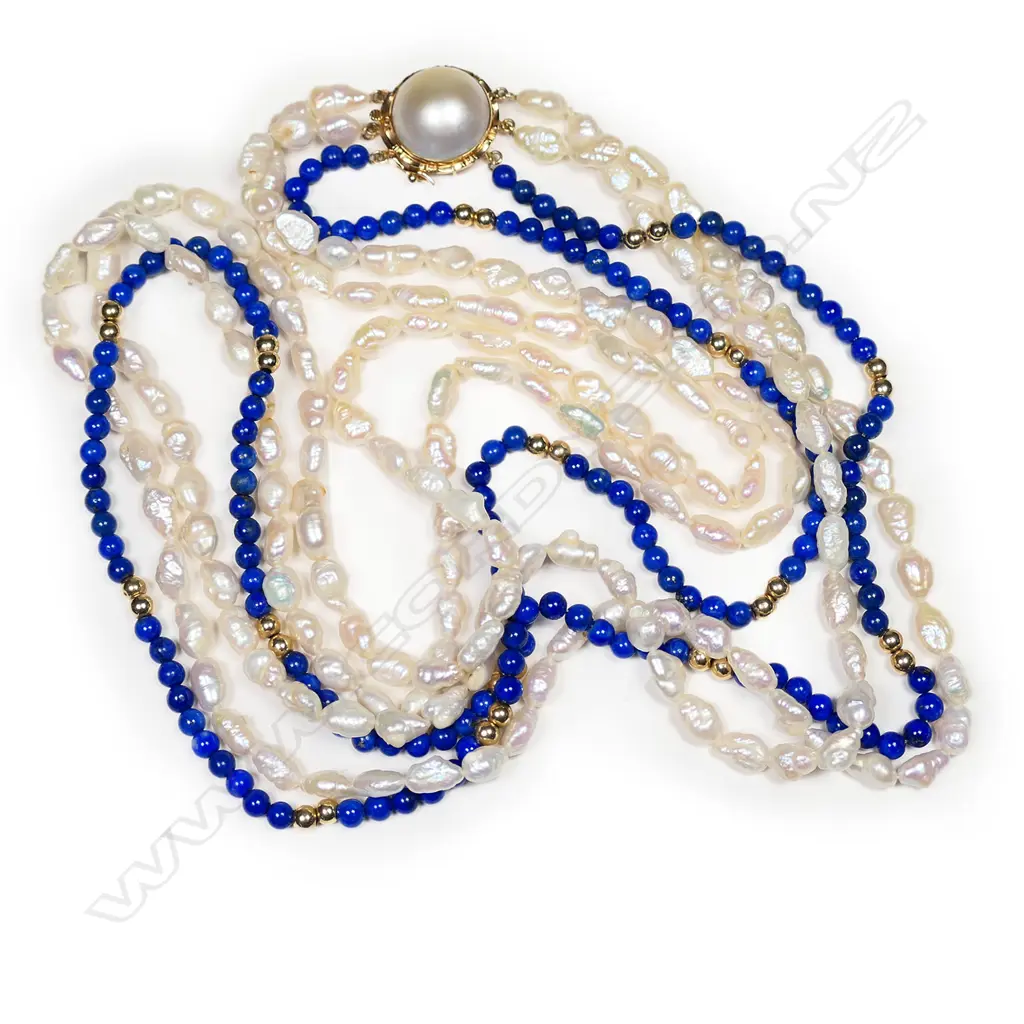 A triple strand pearl lapis lazuli and 14ct gold necklace, Image 1++