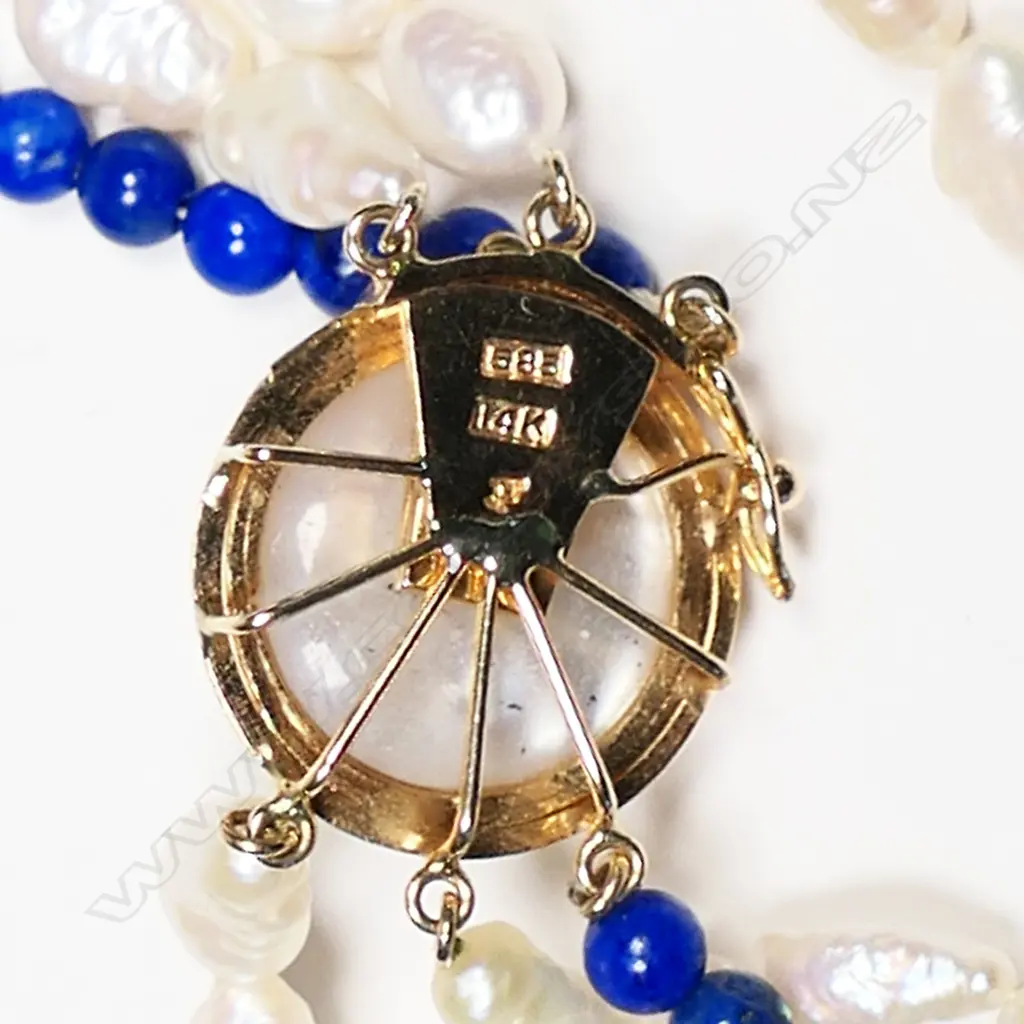A triple strand pearl lapis lazuli and 14ct gold necklace, Image 1++