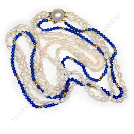 A triple strand pearl lapis lazuli and 14ct gold necklace,