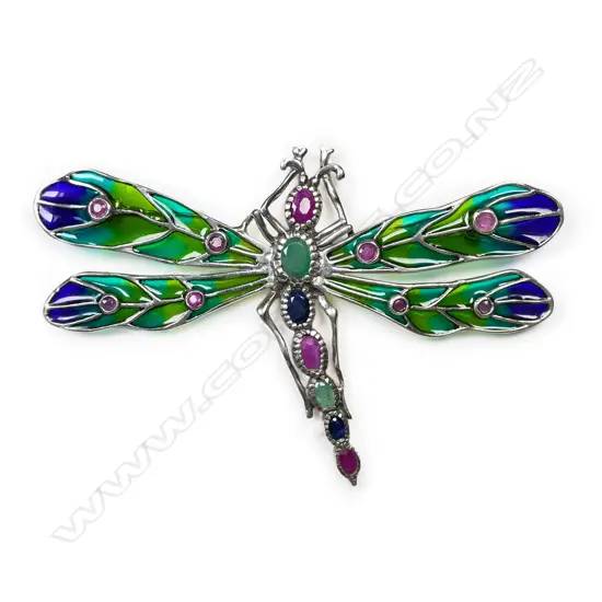 A silver and enamelled dragon fly large brooch,