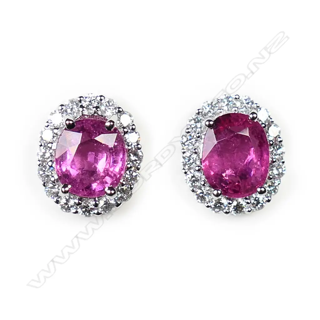 A pair of 18ct white gold diamond and pink tourmaline cluster earrings, Image 1++