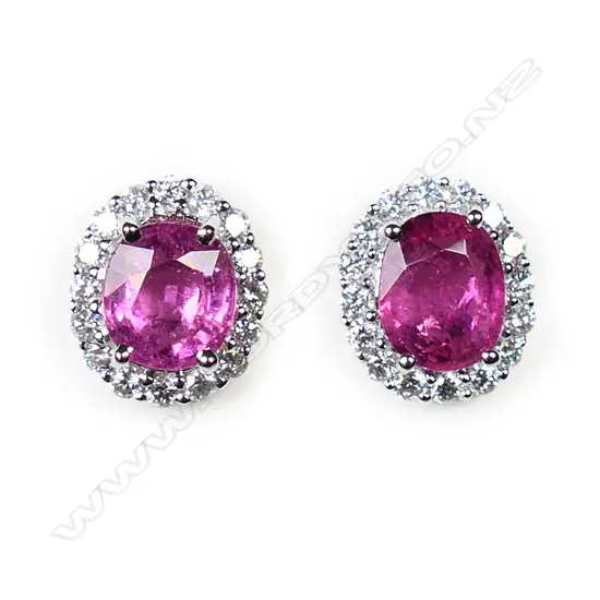 A pair of 18ct white gold diamond and pink tourmaline cluster earrings,