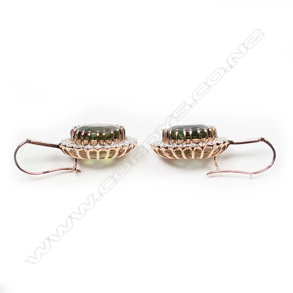 A pair of 14ct rose gold green sapphire and diamond earrings, Image 1++