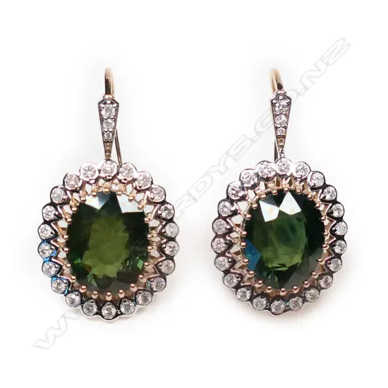 A pair of 14ct rose gold green sapphire and diamond earrings,