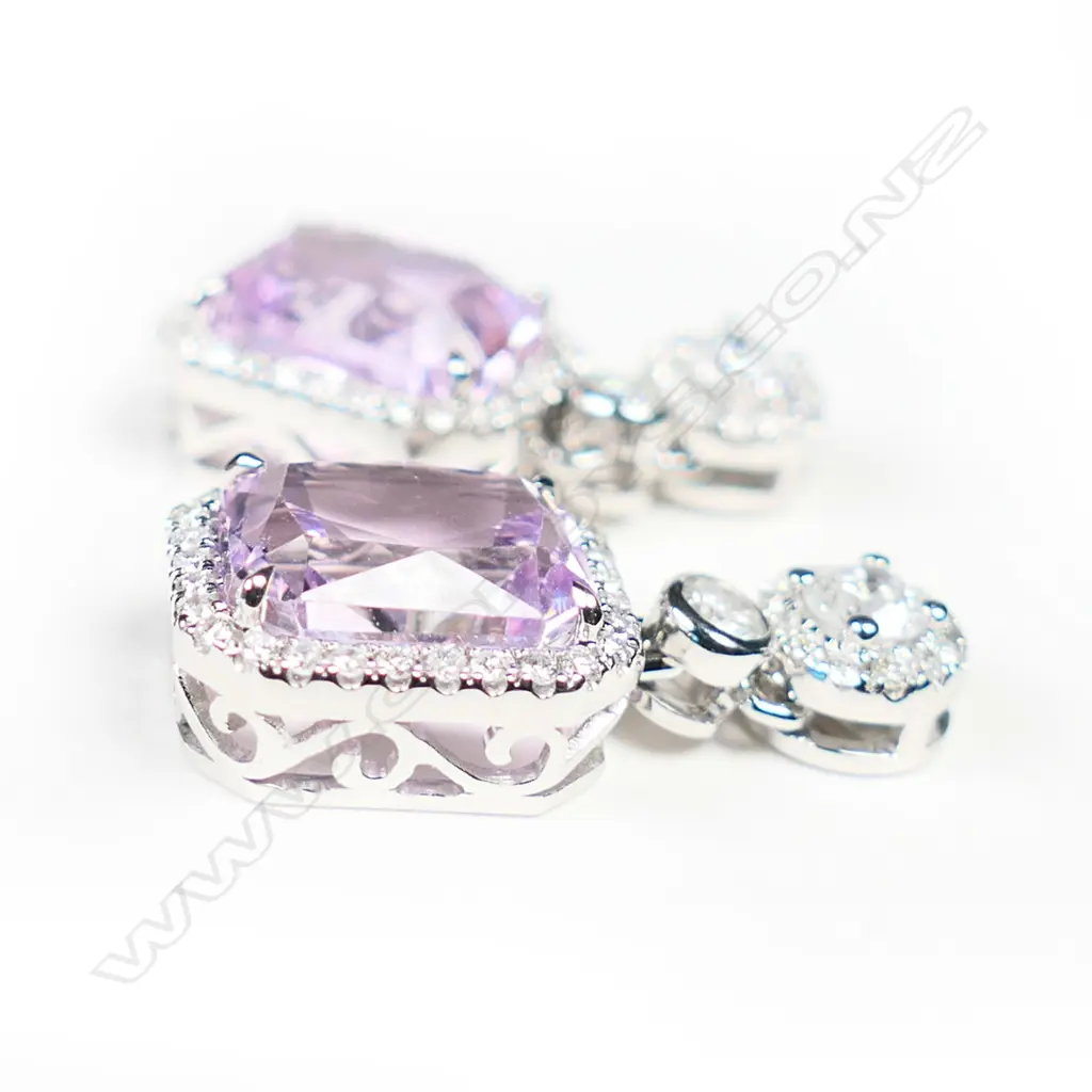 A pair of 14ct white gold kunzite and diamond halo drop earrings, Image 1++