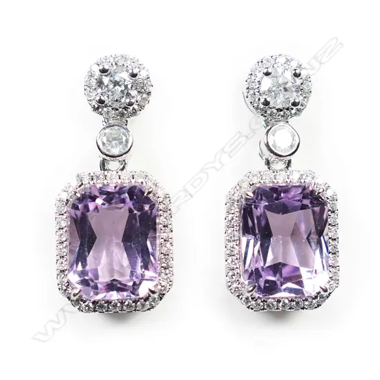 A pair of 14ct white gold kunzite and diamond halo drop earrings,