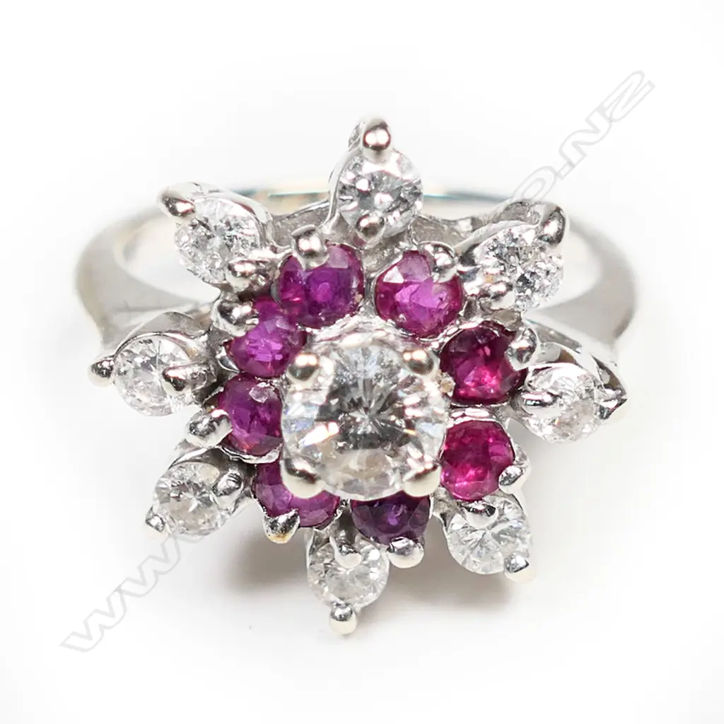 A 14ct white gold ruby and diamond ring, Image 1++