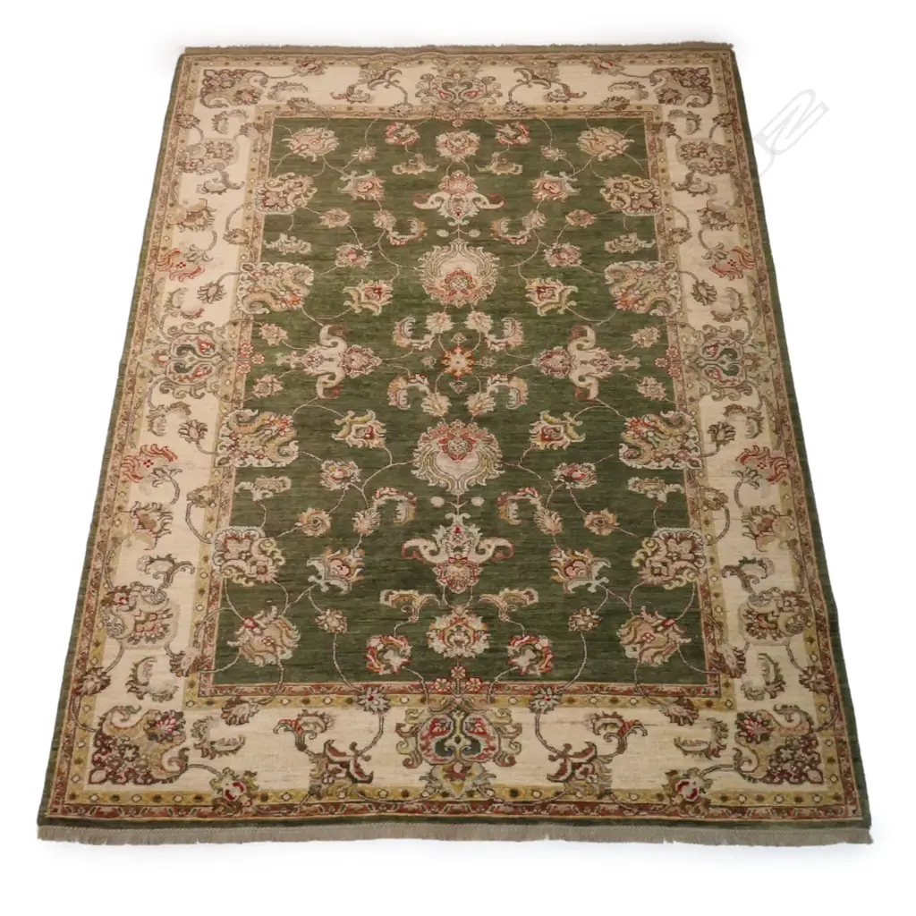 A hand knotted Afghan Chobi carpet, pistachio green tones, Image 1++