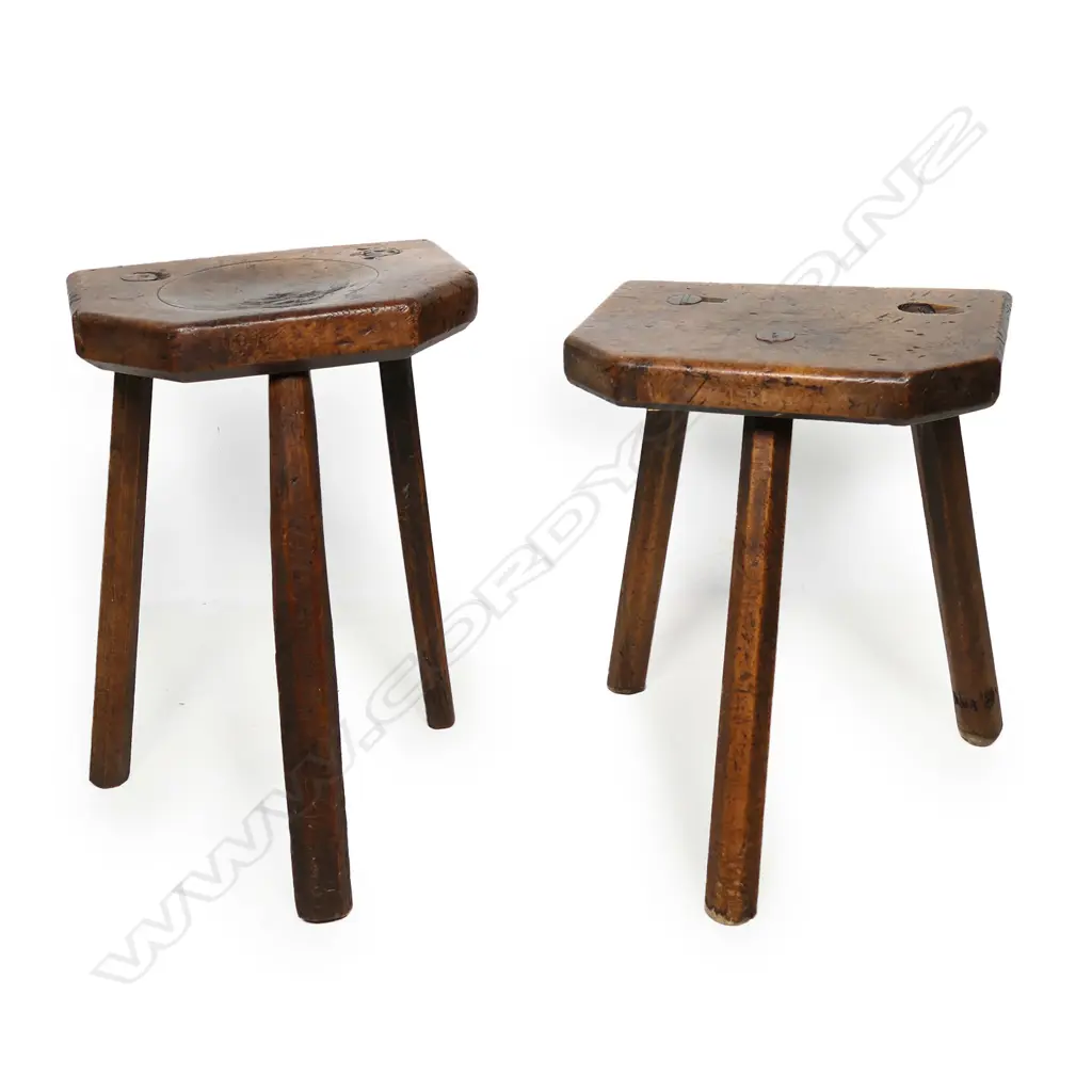 Two 19thC three-legged country fruit wood stools, Image 1++