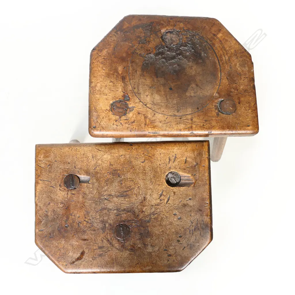 Two 19thC three-legged country fruit wood stools, Image 1++