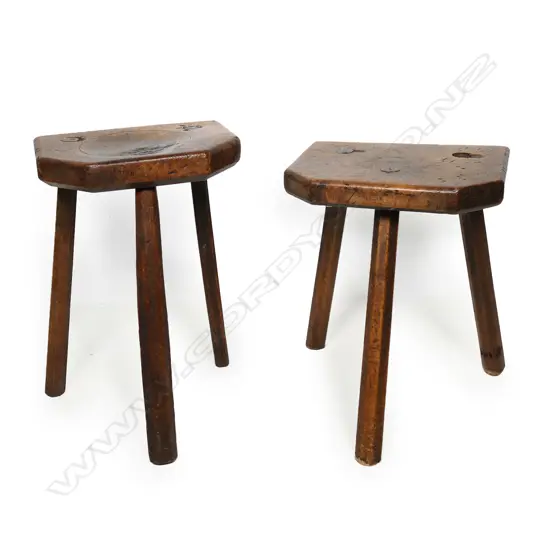 Two 19thC three-legged country fruit wood stools,