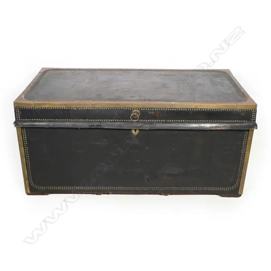 A Georgian leathered covered and brass bound travelling trunk,