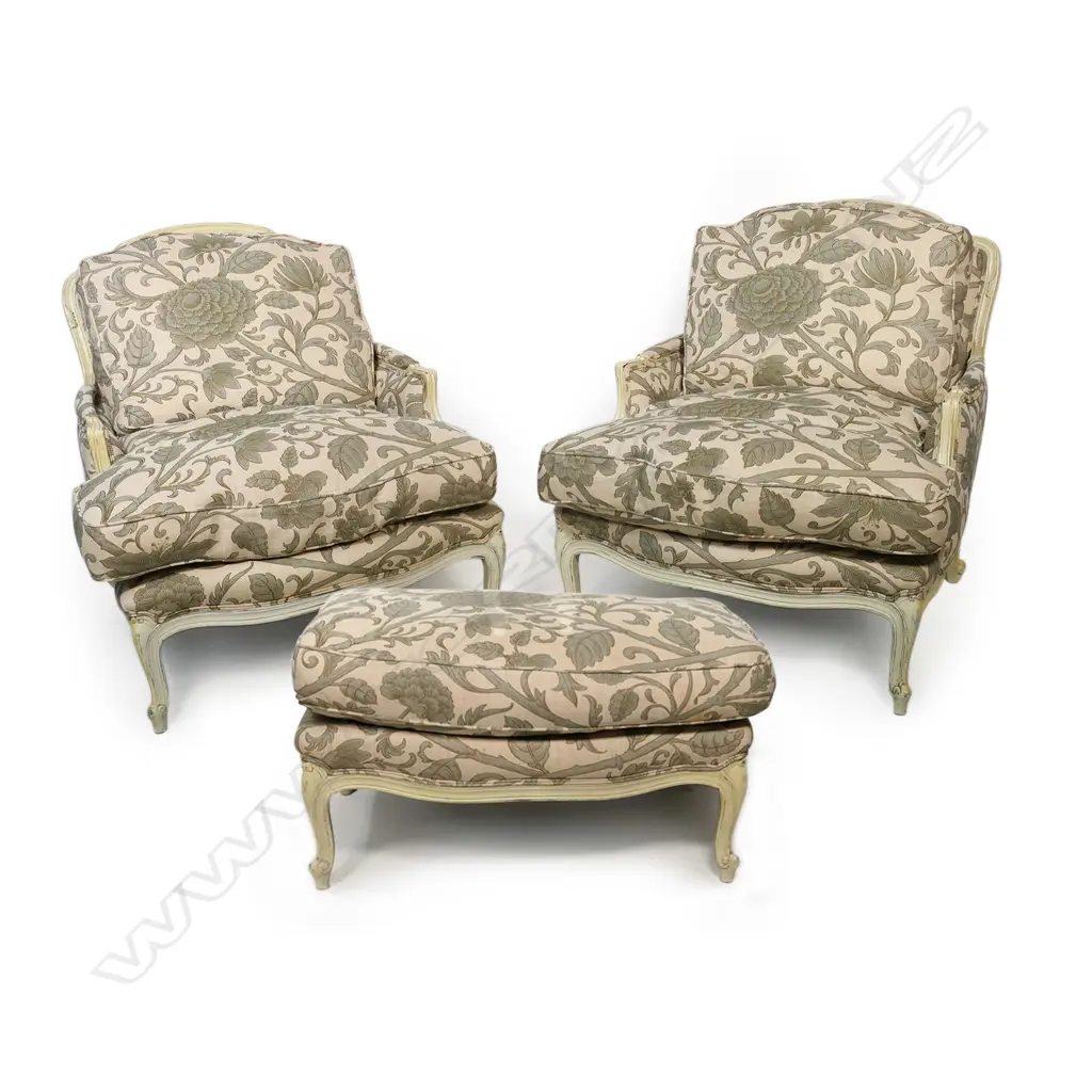A pair of  Designers Guild French style bergère armchairs with one matching stool, Image 1++