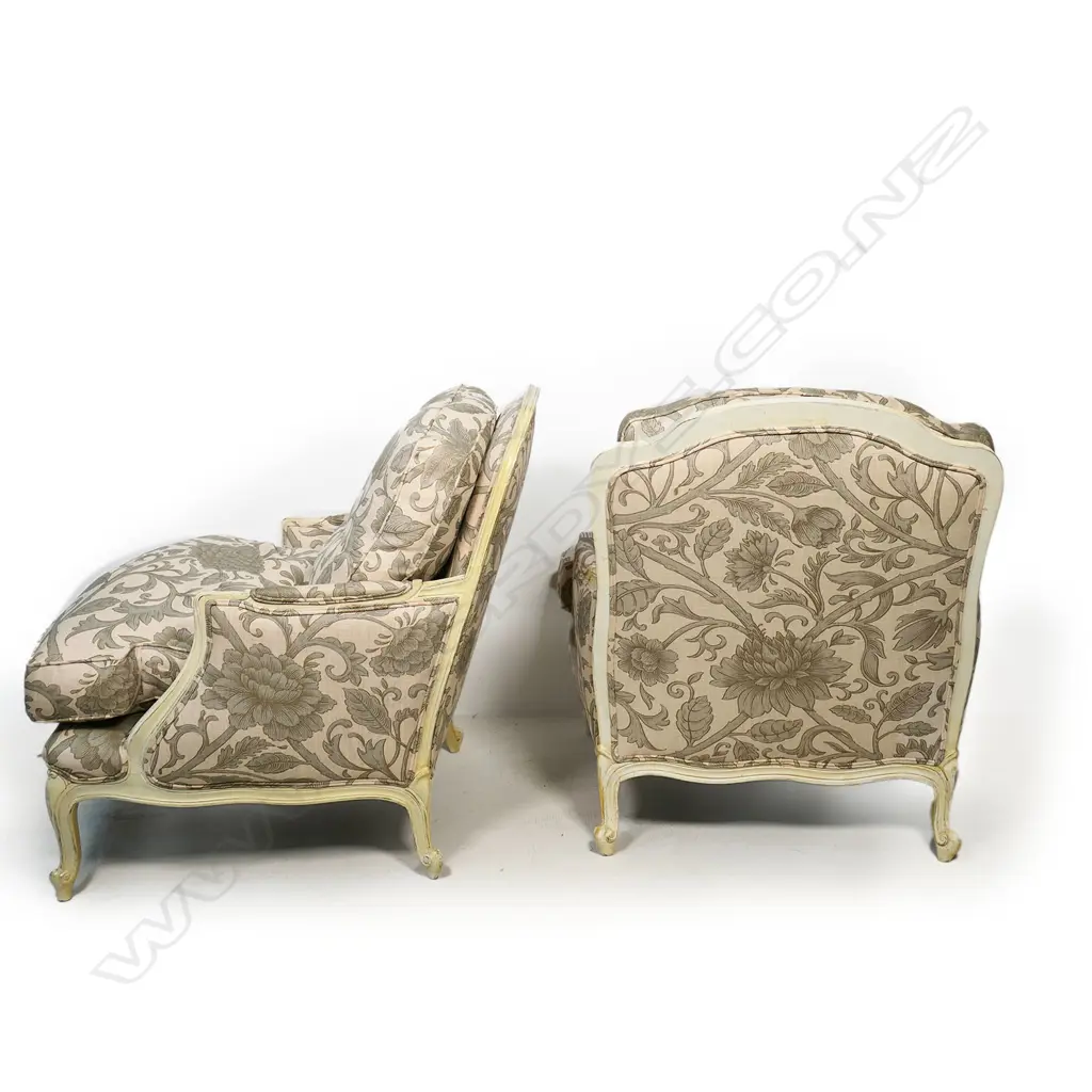 A pair of  Designers Guild French style bergère armchairs with one matching stool, Image 1++