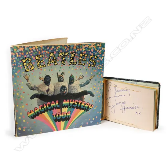 A 1960s autograph book with signatures of George Harrison and the Rolling Stones (including Brian Jones) and Dick Emery