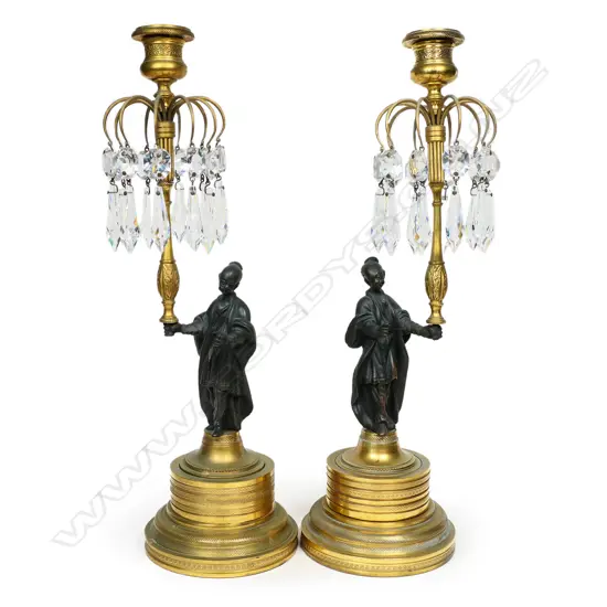 Pair of Victorian bronze figural candlesticks on ormolu bases,