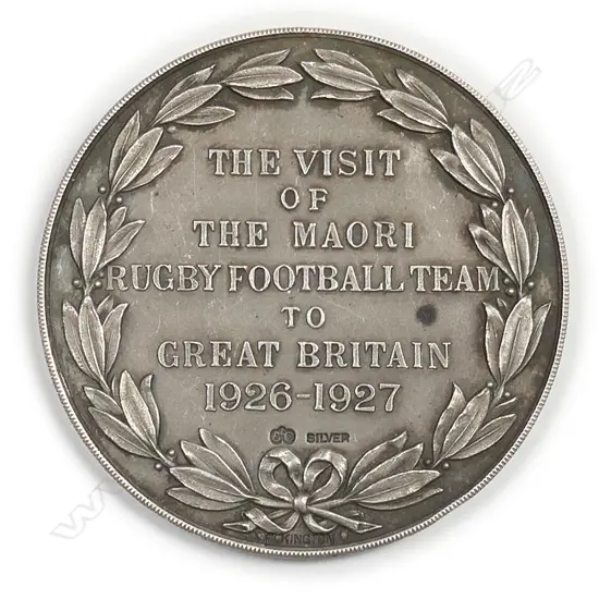 A silver medallion commemorating 'The Visit of The Māori Rugby Football Team to Great Britain 1926 1927',