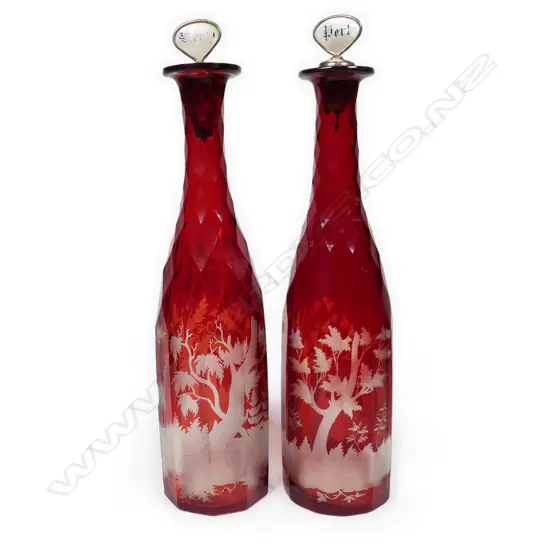 A pair of Bohemian ruby flashed glass decanters