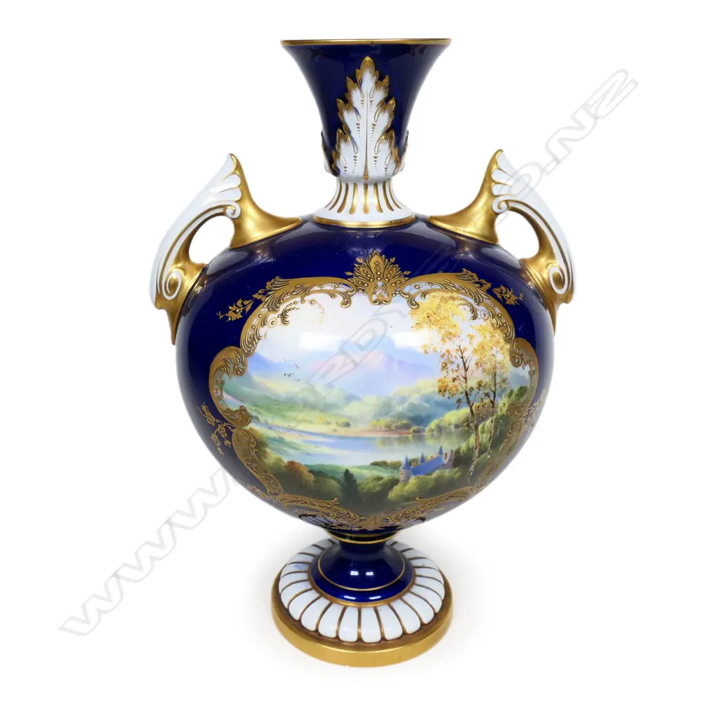 A hand-painted Royal Worcester vase by Harry Davis. The vignette of a lake with a castle in the foreground. Swollen shape with flared opening and gilt highlights. With registration number date for 1902. H.230mm. Image 1++