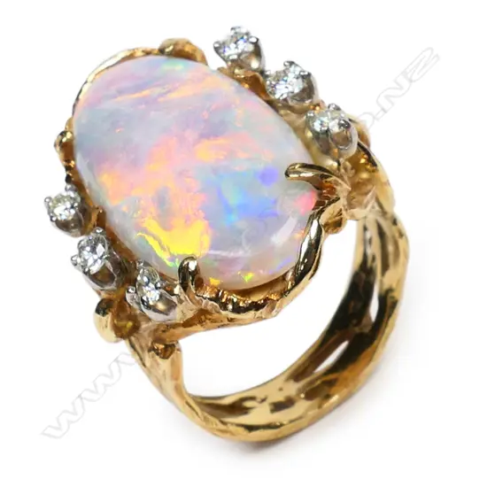 A handmade designer 18ct yellow gold opal and diamond ring,