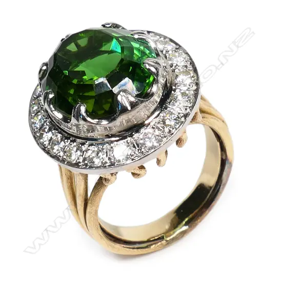 A modern large 18ct yellow gold, palladium, tourmaline and diamond ring,