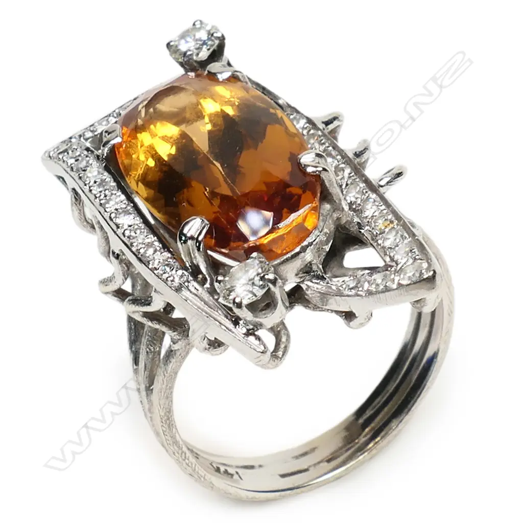 A handmade designer 14ct white gold spessartine garnet and diamond ring, Image 1++