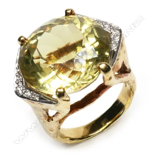 An 18ct yellow gold handmade contemporary large yellow beryl and diamond ring,
