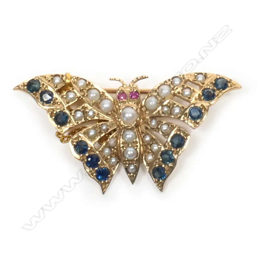 A 9ct yellow gold sapphire, pearl and ruby set butterfly brooch, Image 1++