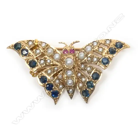 A 9ct yellow gold sapphire, pearl and ruby set butterfly brooch,