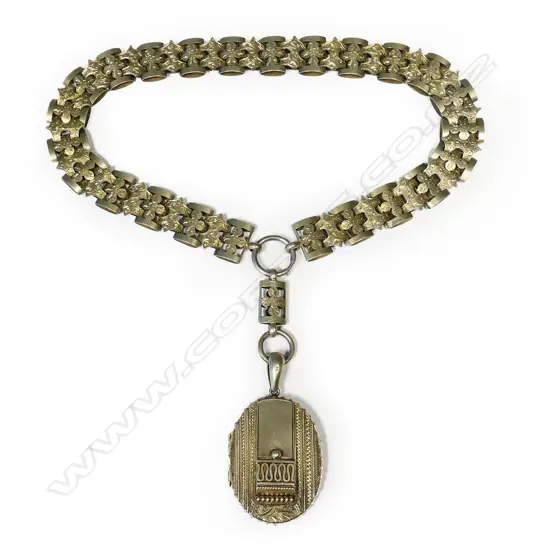 A Victorian gilded silver fancy locket and chain,