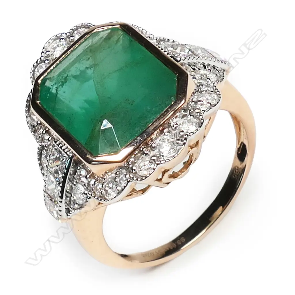 A 14ct rose gold emerald and diamond Art Deco style ring, Image 1++