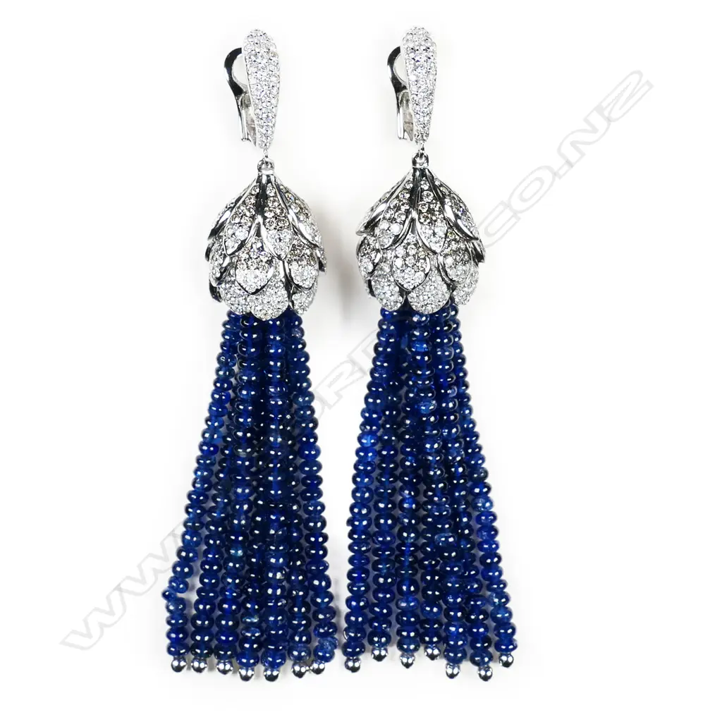 An impressive pair of 18ct white gold diamond and sapphire tassel earrings, Image 1++
