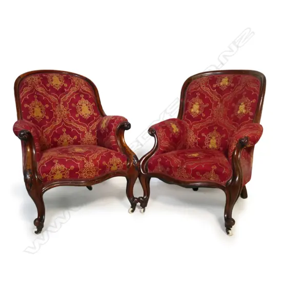 A Pair of Victorian upholstered armchairs,