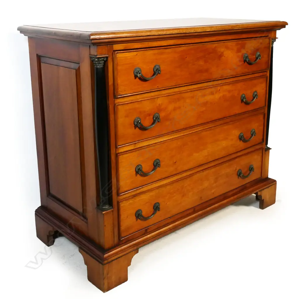 A late 20thC French Empire style teak chest of drawers, Image 1++