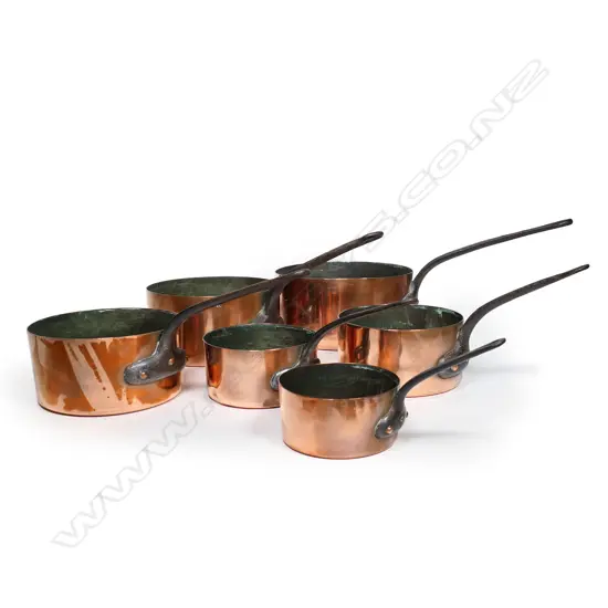 A set of six graduated copper pots,