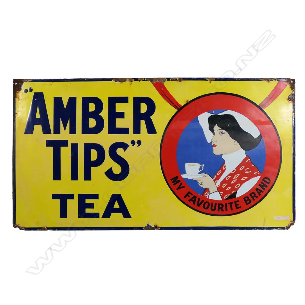 An old 'AMBER TIPS TEA' coloured enamel sign, Image 1++