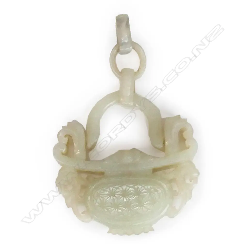 A Chinese carved pale jade basket form pendant, Image 1++