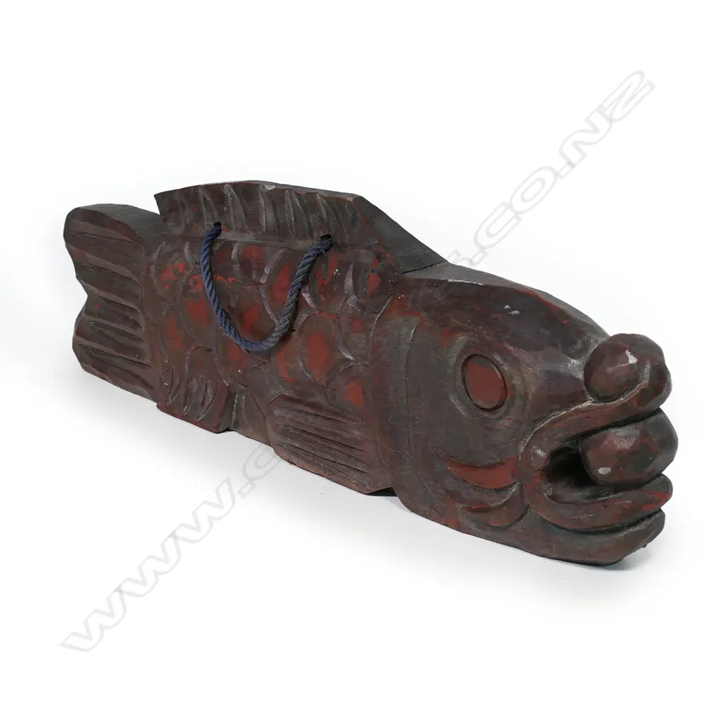 LGE OLD JAPANESE 'JIZAI KAGI' CARVED WOODEN FISH L.800mm Image 1++