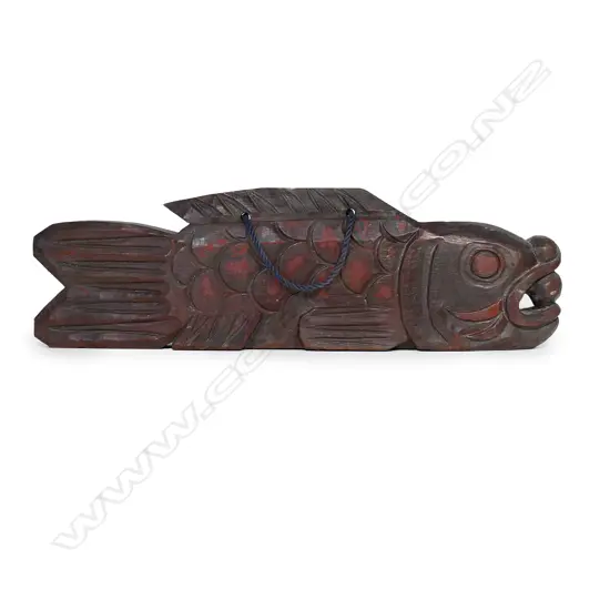 LGE OLD JAPANESE 'JIZAI KAGI' CARVED WOODEN FISH L.800mm
