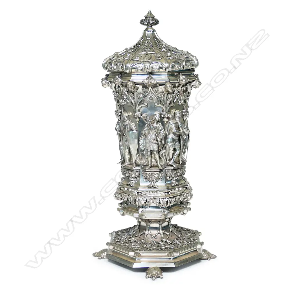 A large and impressive 19thC German silver plate lidded chalice, Image 1++