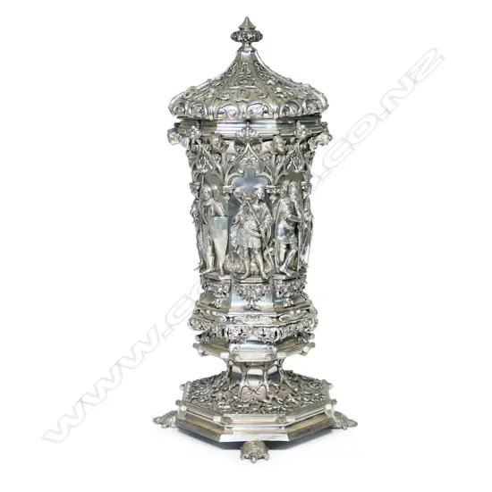 A large and impressive 19thC German silver plate lidded chalice,
