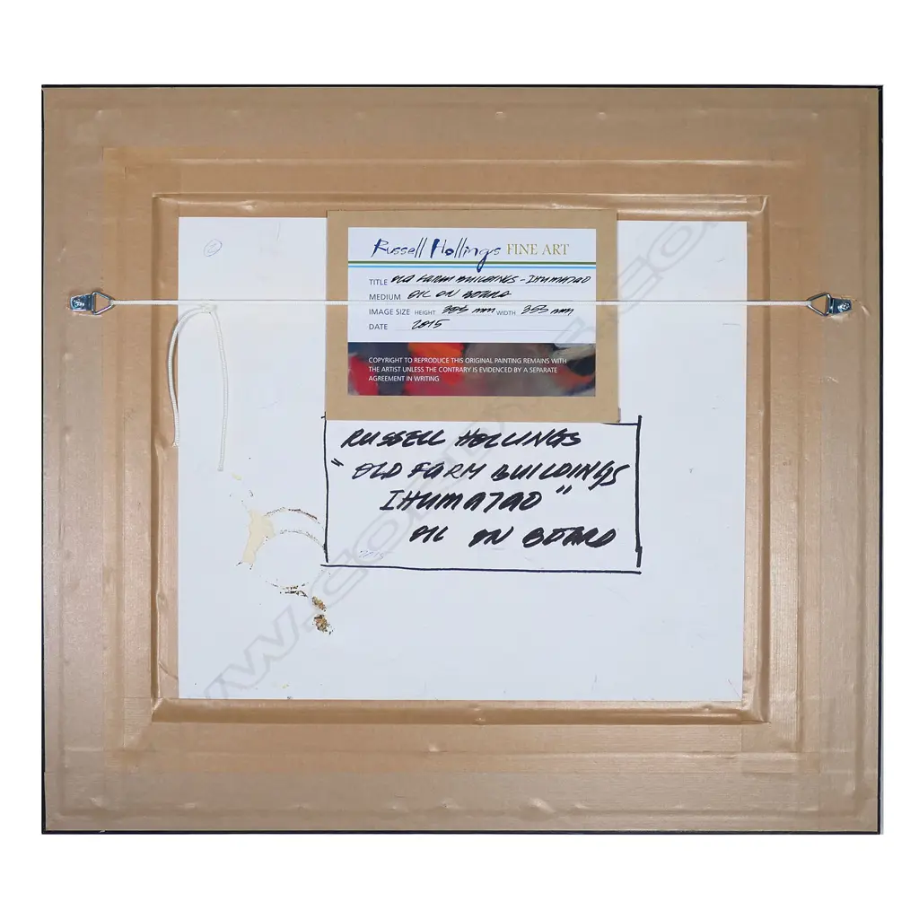 RUSSELL HOLLINGS 'OLD FARM BUILDINGS IHUMATAO', OIL ON BOARD, SIGNED, LABELLED, DATED 2015 TO REVERSE, 305 x 355mm Image 1++