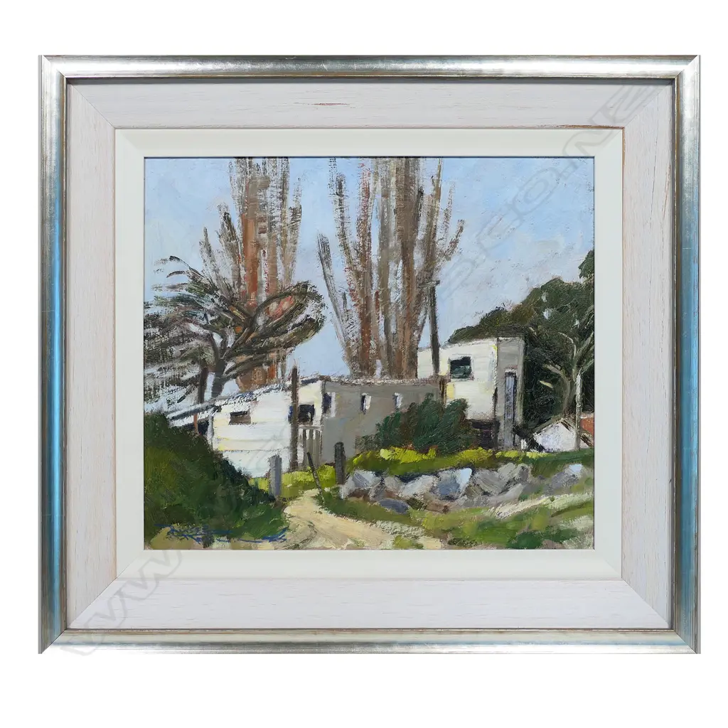 RUSSELL HOLLINGS 'OLD FARM BUILDINGS IHUMATAO', OIL ON BOARD, SIGNED, LABELLED, DATED 2015 TO REVERSE, 305 x 355mm Image 1++