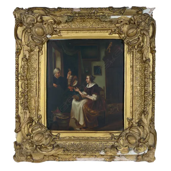 19thC fine oil on tin interior scene,