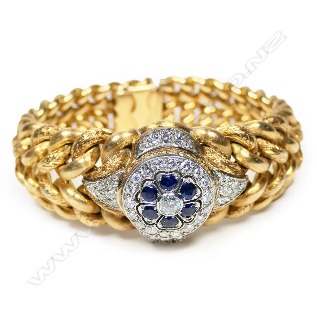 An impressive Hausmann & Co. vintage ladies 18ct gold, diamond and sapphire bracelet cocktail wristwatch, Image 1++