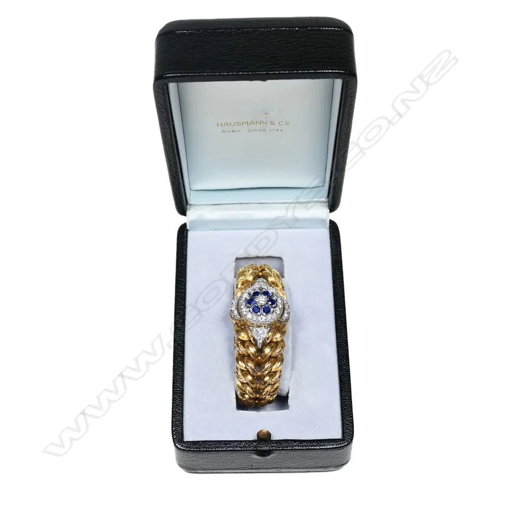 An impressive Hausmann & Co. vintage ladies 18ct gold, diamond and sapphire bracelet cocktail wristwatch, Image 1++