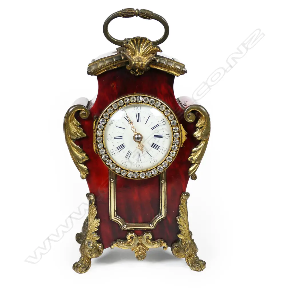 A 19thC French boulle and tortoise shell boudoir or desk clock, Image 1++