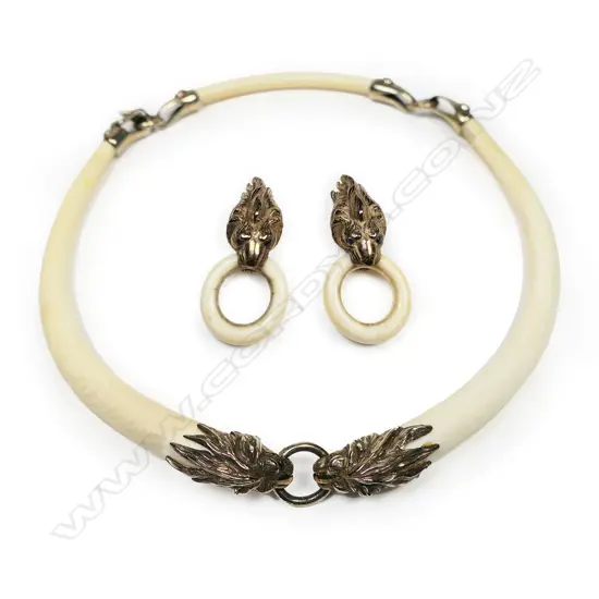 A vintage ivory and silver gilt necklet and earrings set,